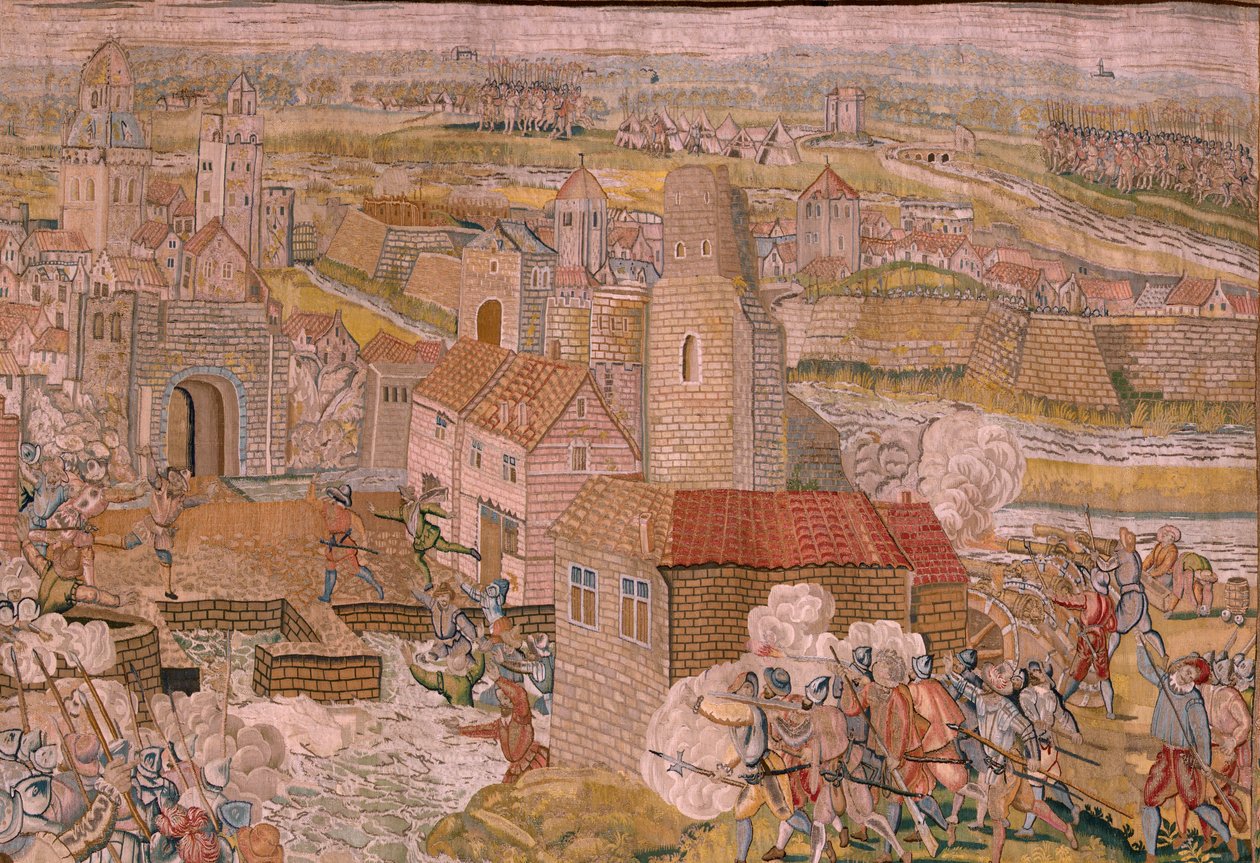 Flamand kárpit. Albert főherceg diadalai és csatái sorozat. Meglepetés Calais-ban (La sorpresa de Calais). A sorozat első gobelinje. Otto van Veen modell és Hans I Snellinck. Gyártás Martin Reynbouts, Bruselas. 1597-1599. Szövet Arany, ezüst, si alkotó: Otto van Veen