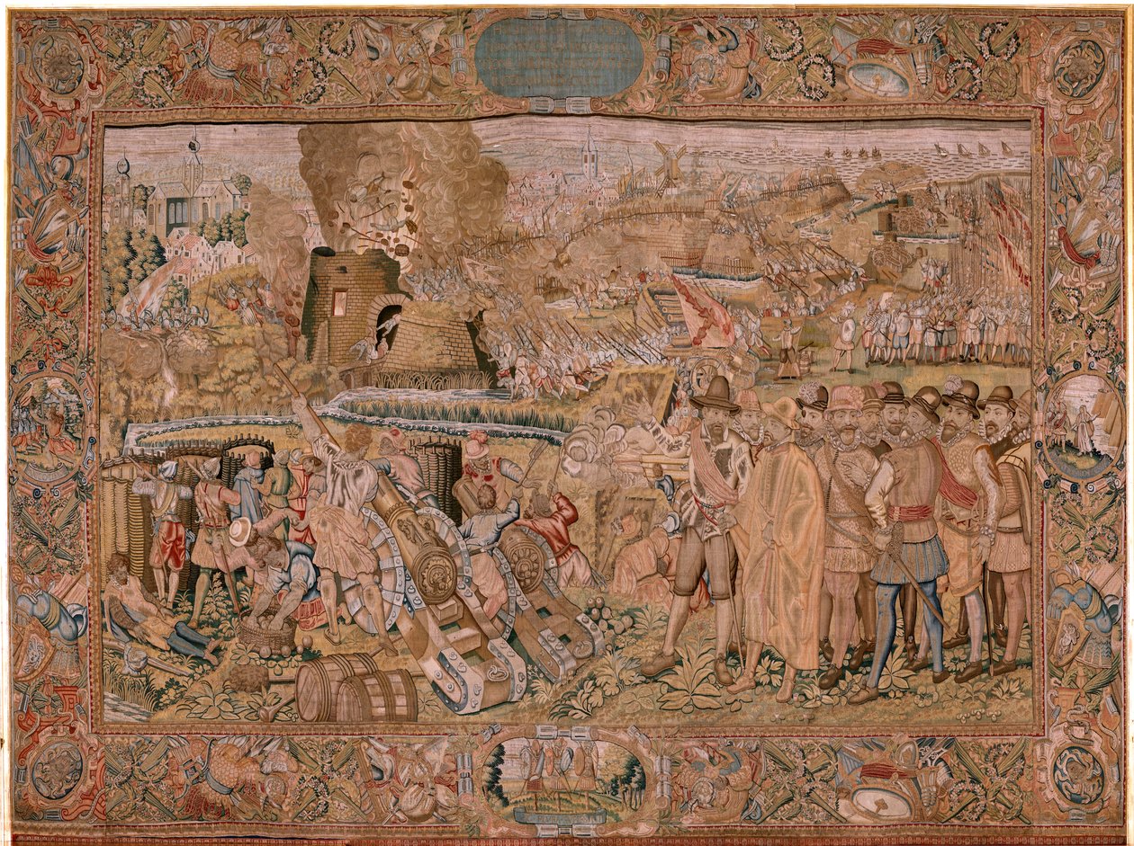 Flamand kárpit. Albert főherceg diadalai és csatái sorozat. Hulst városának elfoglalása (Toma de la Plaza de Hulst). A sorozat hetedik kárpitja. Otto van Veen modell és Hans I Snellinck. Gyártás Martin Reynbouts, Brüsszel alkotó: Otto van Veen