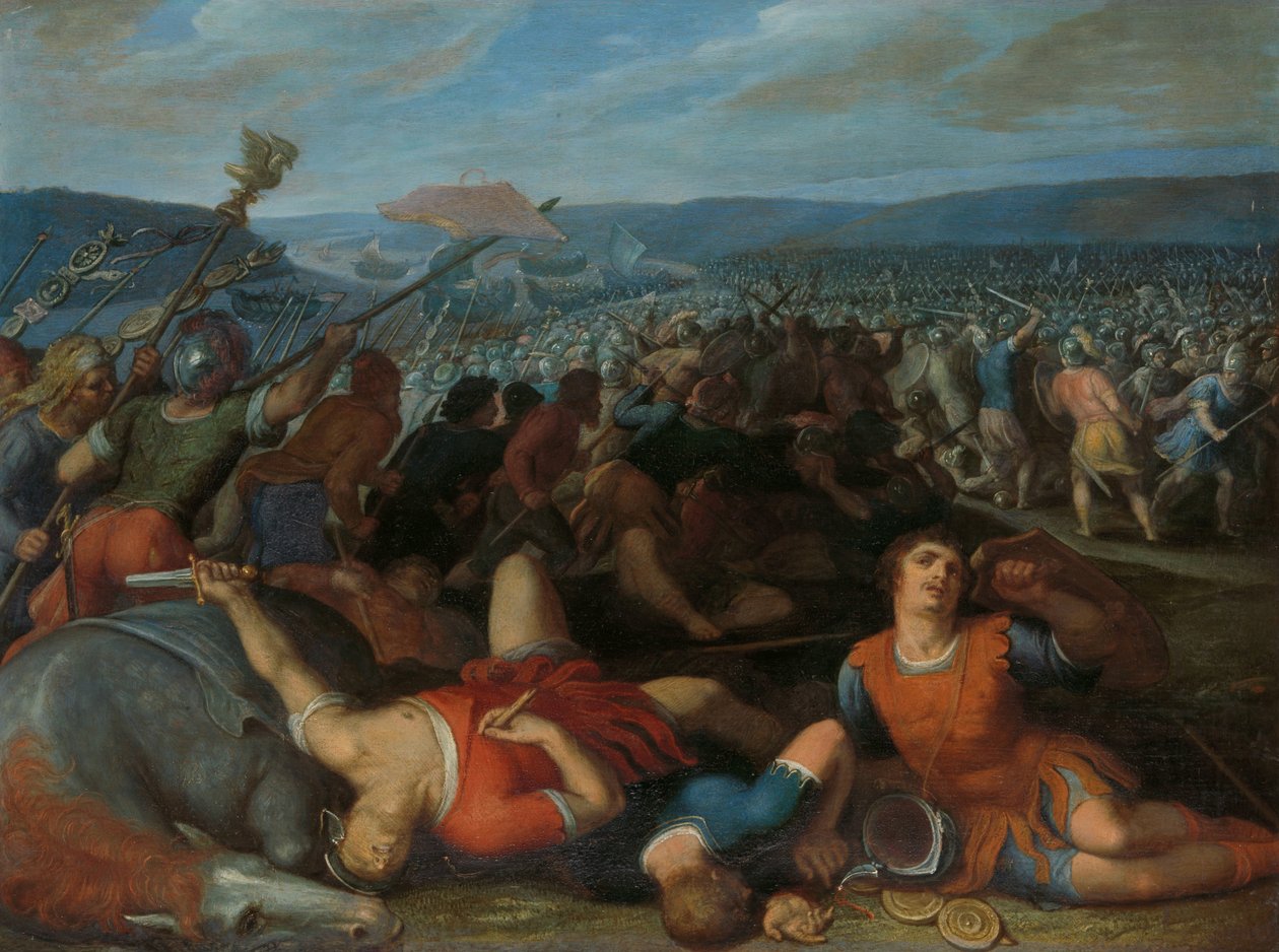 A bataviak legyőzik a rómaiakat a Rajnán Claudius Civilis legyőzi a római csapatokat a Rajna mellett i.sz. 69-ben a Bataviak rómaiak elleni felkeléséről szóló tizenkettő sorozat egyike alkotó: Otto van Veen