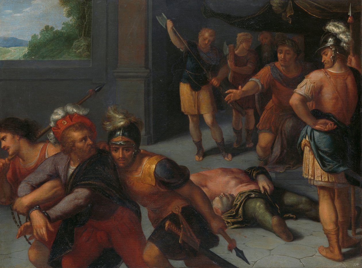 Claudius Paulus lefejezése és Julius Civilis elfogása Julius Paulus lefejezése és Claudius Civilis bebörtönzése a Bataviak rómaiak elleni felkeléséről szóló tizenkettő sorozat egyike alkotó: Otto van Veen