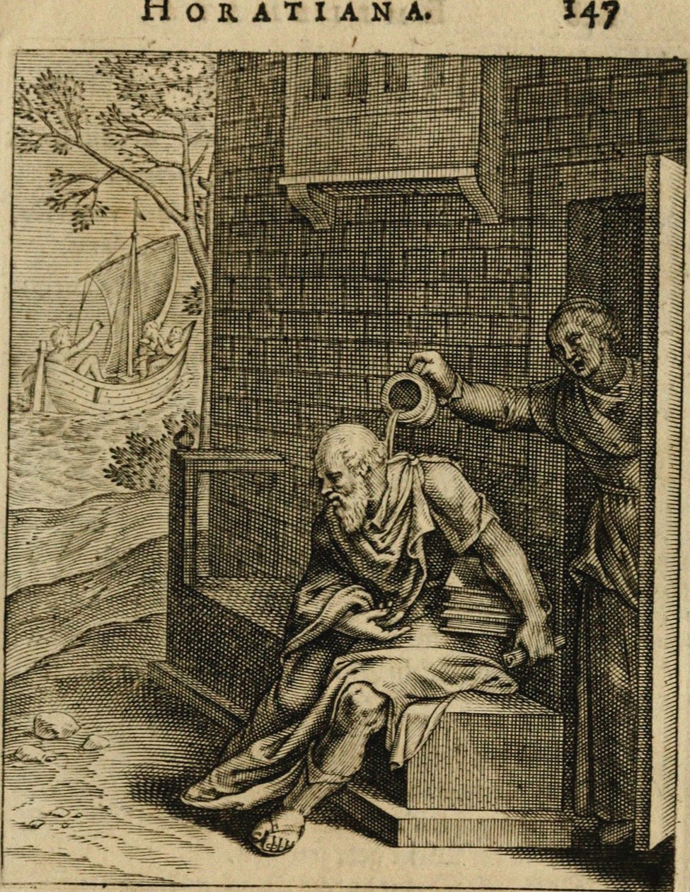 Xanthippe egy kamraedényt ürít Szókratész fölött. Az Emblemata Horatiana-ból, 1607 alkotó: Otto van Veen