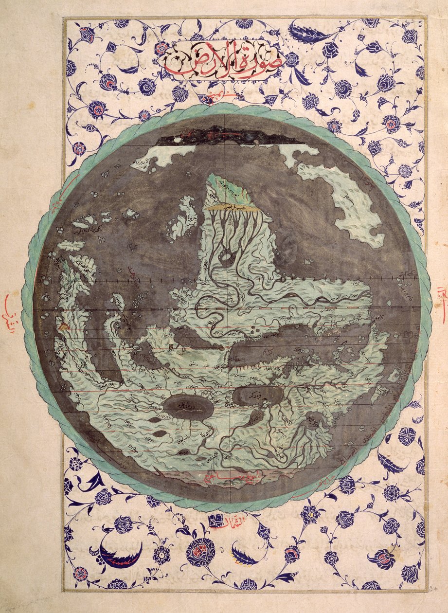 CBL T.414 fol.34a Világtérkép, Zubdat al-Tawarikh másolatából, A Történelem krémje, 16. század vége alkotó: Ottoman School