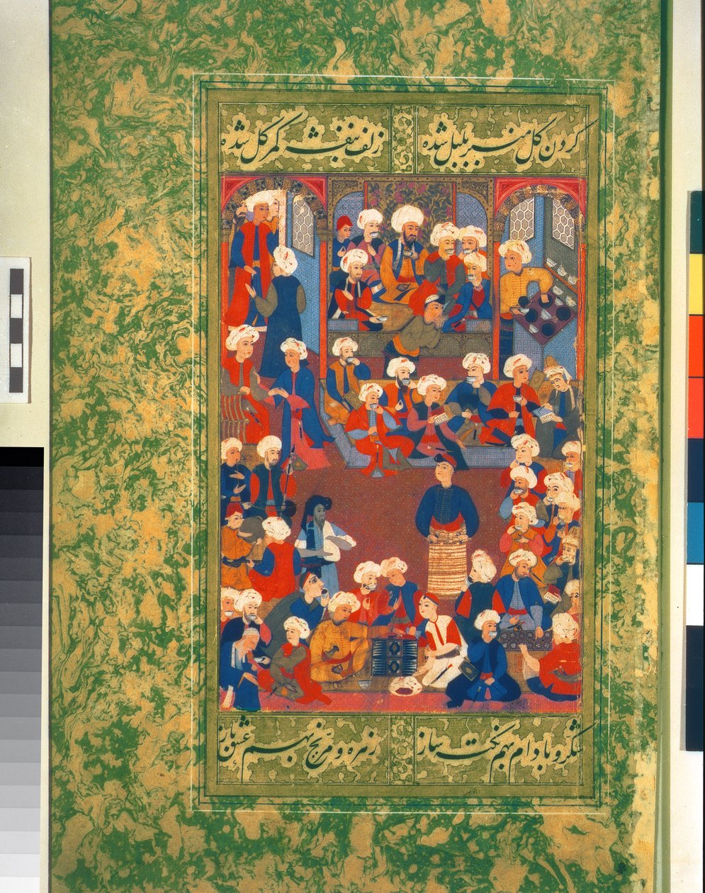 Ms 439 f.9r Bankettjelenet kávézó férfiakkal, díszvendégekkel, akik a szünetben ülnek, három zenész szórakoztat, miközben egy idős ember megbetegszik, egy festészeti és kalligráfiai albumból (vell) alkotó: Ottoman School