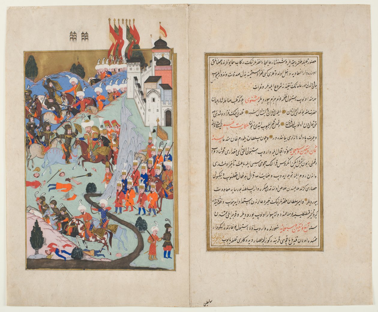 Bayezid I, The Thunderbolt, Kiűzi a kereszteseket a nikápolyi csatában, a Hunernamából (átlátszatlan wc és tinta a papíron) alkotó: Ottoman School