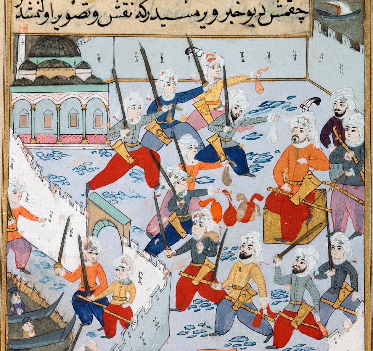 Konstantinápoly elfoglalása: II. Mehmet oszmán szultán (II. Mehmed, a Hódító vagy Mohamed II. Fatih) (1430-1481) hadserege az Aranyszarvban 1453-ban ostromolta Konstantinápoly városát. XV. századi miniatűr. Topkapi Sarayi Múzeumi Könyvtár Isztambulban alkotó: Ottoman School