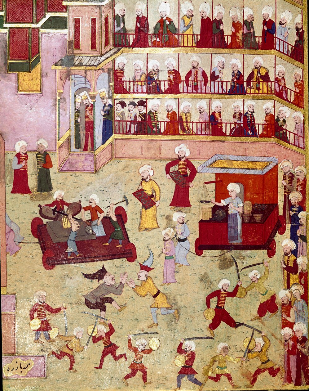II. Murád (Murat) (1404-1451) oszmán szultán fiának körülmetélése alkalmából rendezett ünnepségeken zsonglőrök, akrobaták és aranyművesek érkeztek a minták bemutatására Miniatűr a 16. századi Isztambul, Topkapi Sarayi Múzeum Könyvtára alkotó: Ottoman School