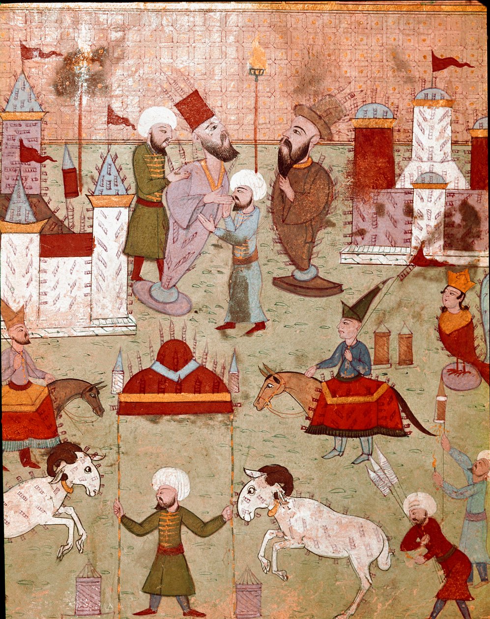 II. Murád (Murat) oszmán szultán fiának (1404-1451) körülmetélése alkalmából rendezett ünnepségek, tűzijátékok előkészítése 16. századi miniatűr Isztambul, Topkapi Sarayi Múzeum Könyvtára alkotó: Ottoman School