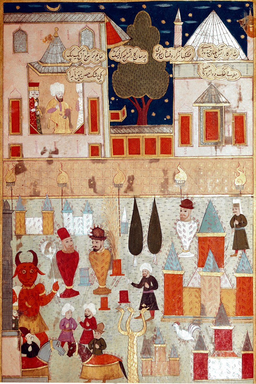 II. Murád (Murat) oszmán szultán fiának (1404-1451) körülmetélése alkalmából rendezett ünnepségek, tűzijátékok előkészítése 16. századi miniatűr Isztambul, Topkapi Sarayi Múzeum Könyvtára alkotó: Ottoman School
