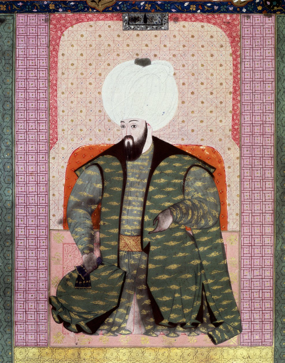 Oszmán Birodalom: „” II. Bajazed, az Igazságos oszmán szultán (1447-1512) portréja”” Miniatűr a kéziratból (Ms. 1973, folio 62a) „” Zubdat al Tawarikh” (Zubdat al Tawarikh) (Történetek krémje) történész Seyid Loqid Ashuri alkotó: Ottoman School