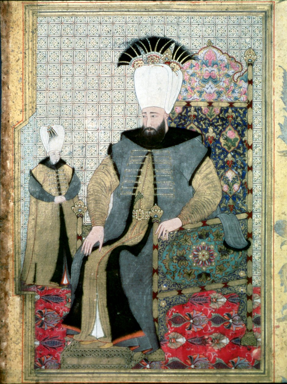 Oszmán Birodalom: III. Ahmet (vagy Ahmed) szultán (1673-1736) portréja”” Jellemző, hogy ujjal mutogatva jelezheti a janicsárok rendjének lemészárlásának parancsát. Miniatűr Isztambul, Topkapi Sarayi Múzeum, Törökország alkotó: Ottoman School