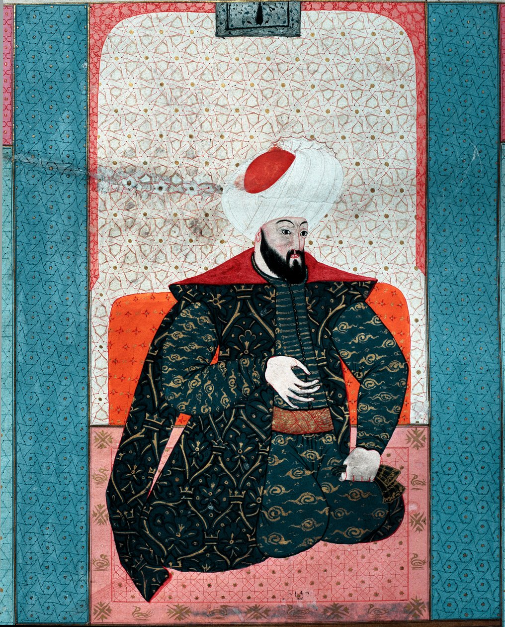 Oszmán Birodalom: „” I. Othman szultán portréja (Othman Gazi rahimahu llah) (1258-1326)”” Miniatűr a „Zubdat al Tawarikh”-ból” (Ms. 1973, fol. 59a) by Seyyyd Lokman Ashuri 1583 Istanbul, Turkish-Is Isztambul Művészeti Múzeum alkotó: Ottoman School