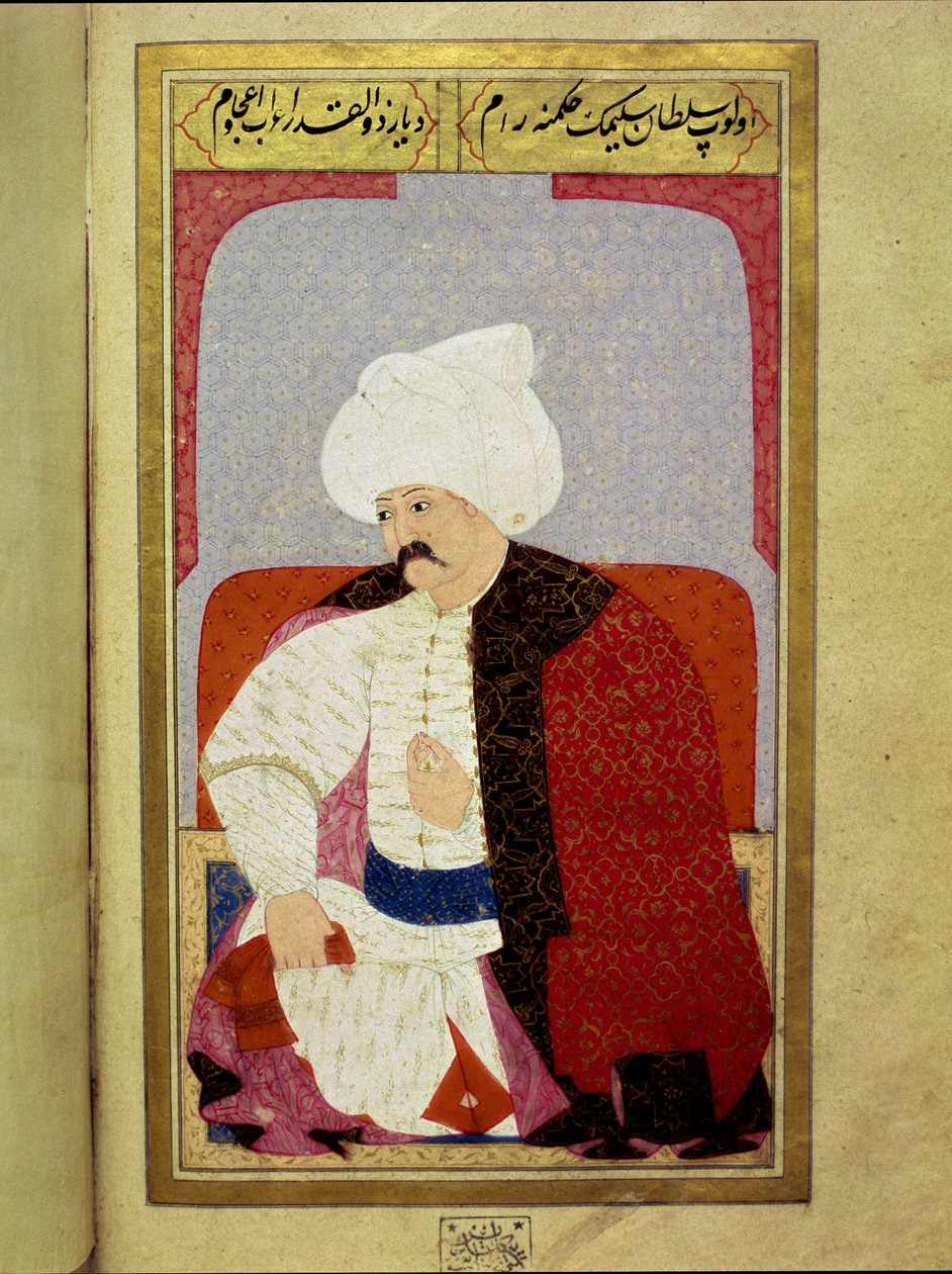 Oszmán Birodalom: „” Szelim, az I. Szörnyűt vagy Kegyetlent mondó kilencedik oszmán szultán portréja (1470-1520)”” Miniatűr a Seyyid Lokman Husszein „” emberi fiziognómiája (About the Personal Arrangements of Ottomans) kéziratból. (Ms. ty6087 fólió 44b) alkotó: Ottoman School