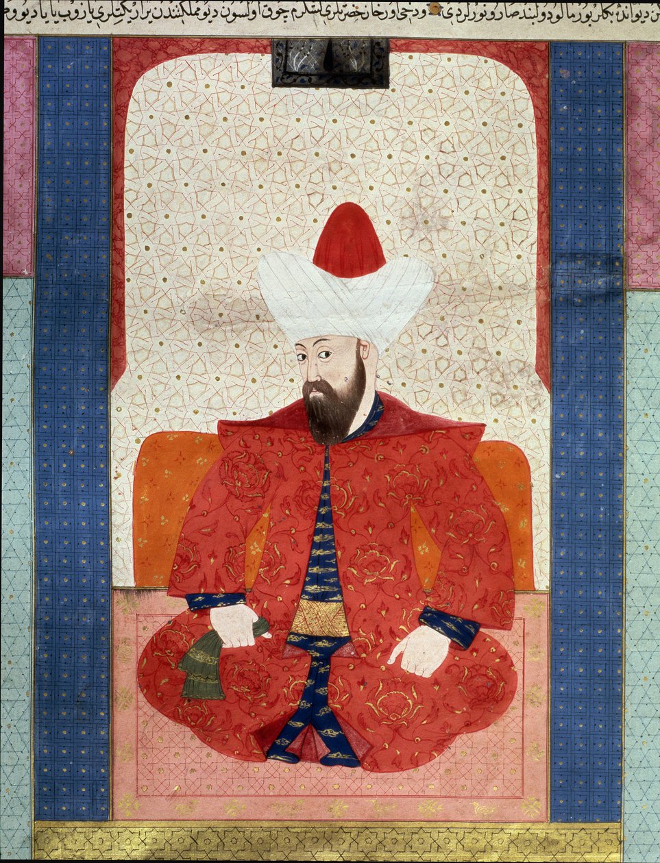 Oszmán Birodalom: „” Az Oszmán Birodalom szultánjának portréja, Orhan (Orkhan vagy Urchan) I (1281-1360)”” Miniatűr a „Zubdat al Tawarikh”-ból” (Ms. 1973, fol. 59b), készítette: Seyyyd Lokman Ashuri, 1583 Isztambul, Török-Iszlám Művészeti Múzeum alkotó: Ottoman School