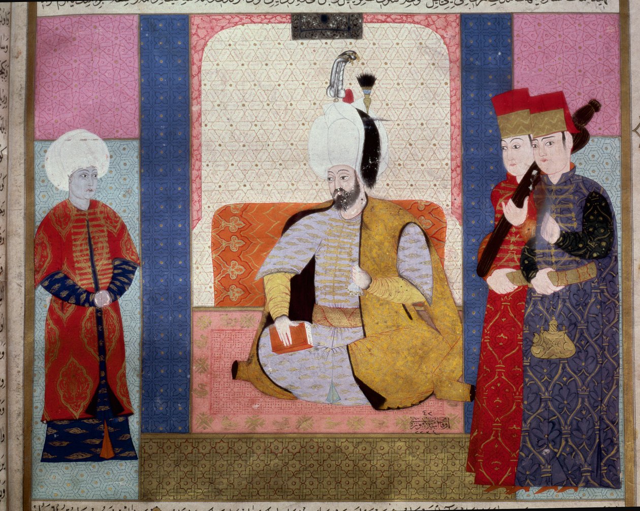 Oszmán Birodalom: „III. Murád szultán (1546-1595) körülveszi az udvaroncokat”” Miniatűr a „Zubdat al Tawarikh”-ból” (Ms. 1973, fol. 59b), Seyyd Lokman Ashuri 1583 Isztambul, Török-Iszlám Művészeti Múzeum alkotó: Ottoman School