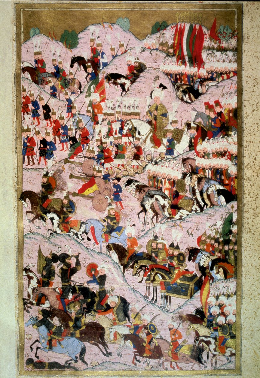 Oszmán Birodalom: „” Szolimán szultán (Szulejmán) A csodálatosat mondtam a mohácsi csatában 1526. 08. 29-én a Magyar Királyság II. Lajos király parancsnoksága alatt álló hadserege ellen”” Miniatűr a „Hunername”-ből Lokman, köt. 1 (H 1523, f. 256b) 1584 Top alkotó: Ottoman School