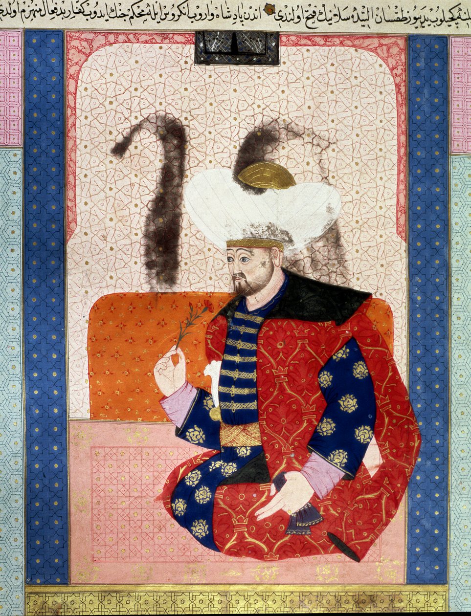Oszmán Birodalom: I. Bajazet (I. Bajazet) (1354-1403 körül) Yildirim (Villám) néven ismert portré”” Miniatűr a kéziratból (Ms. 1973, folio 62a) „” Zubdatat-al-Tawarikh” (Zubdat al-Tawarikh) ) (Creme of Stories), Seyyid Loqman Ashuri történész, 1538. alkotó: Ottoman School