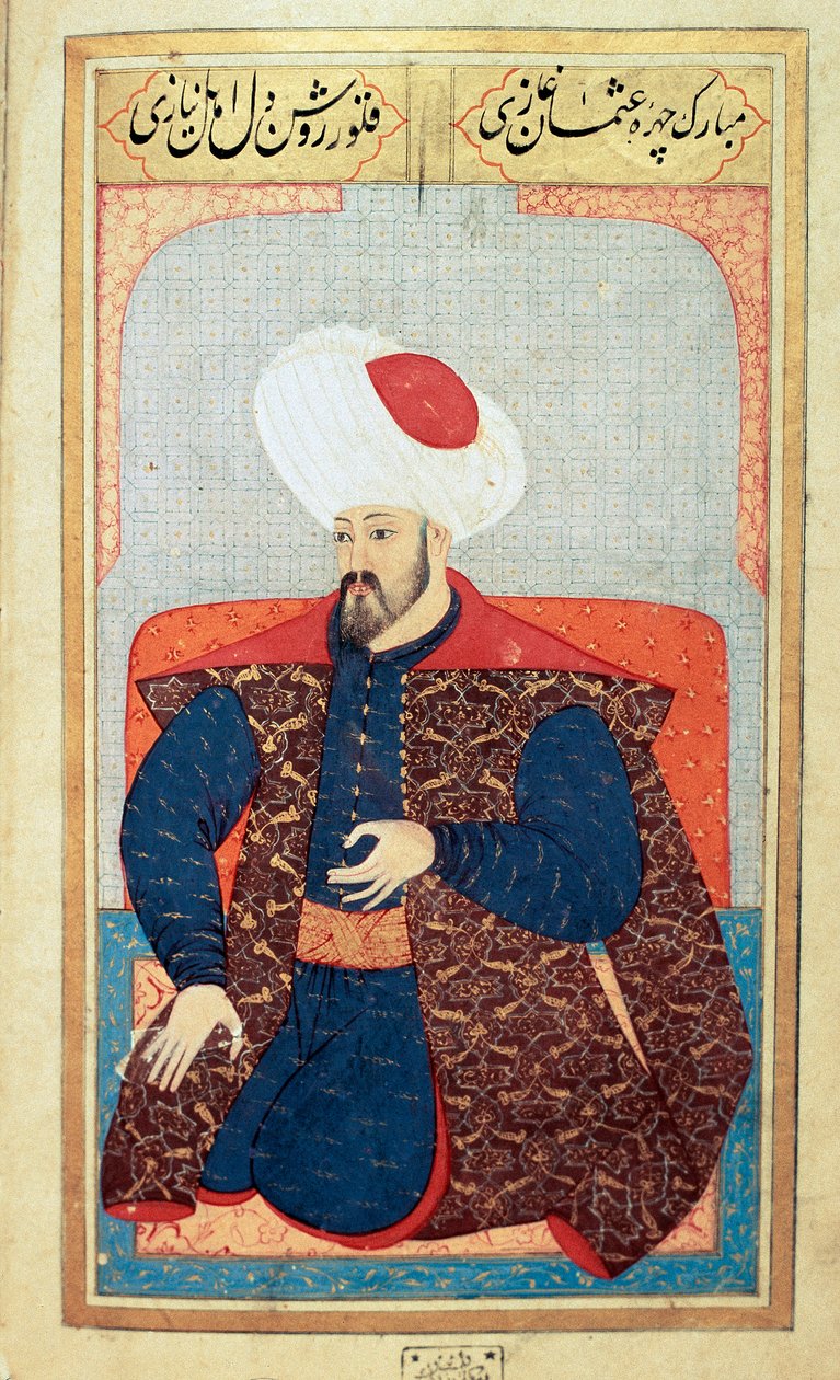 Oszmán Birodalom: az első Oszmán szultán (1258-1326) portréja. Miniatűr Seyyid Lokman Husszein „” Human physiognomy (Az oszmánok személyes berendezkedéseiről) kéziratából. (Ms. ty6087 fólió 21b) alkotó: Ottoman School