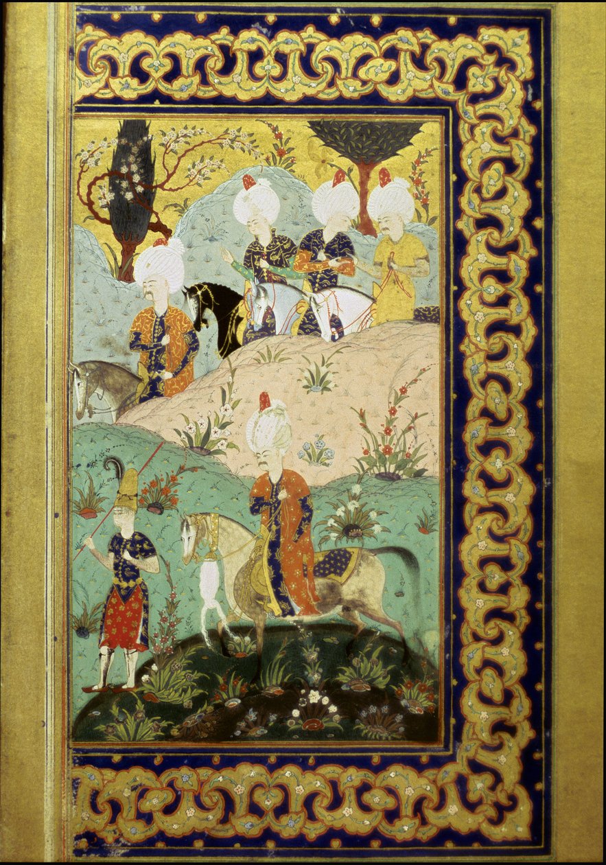Oszmán Birodalom: I. Szelim szultán, akit Borzalmasnak nevezett (1470-1520) lóháton. Miniatűr a „Díván”-ból (versgyűjtemény) I. Szelim szultán (Ms. FY1330, fol. 27) XVI. század. Isztambul, Egyetemi Könyvtár alkotó: Ottoman School