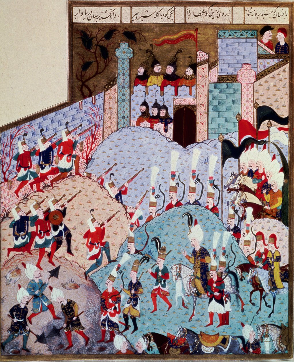 Oszmán Birodalom: Soliman (Szulejmán) szultán ábrázolása Azt mondtam, a csodálatos (1520-1566) és serege megtámad egy megerősített várost. Miniatűr a „Suleymanname”-ből, Arifi (ms. H.1517, fol. 143a) 1558. Topkapi Sarayi Istanbul alkotó: Ottoman School