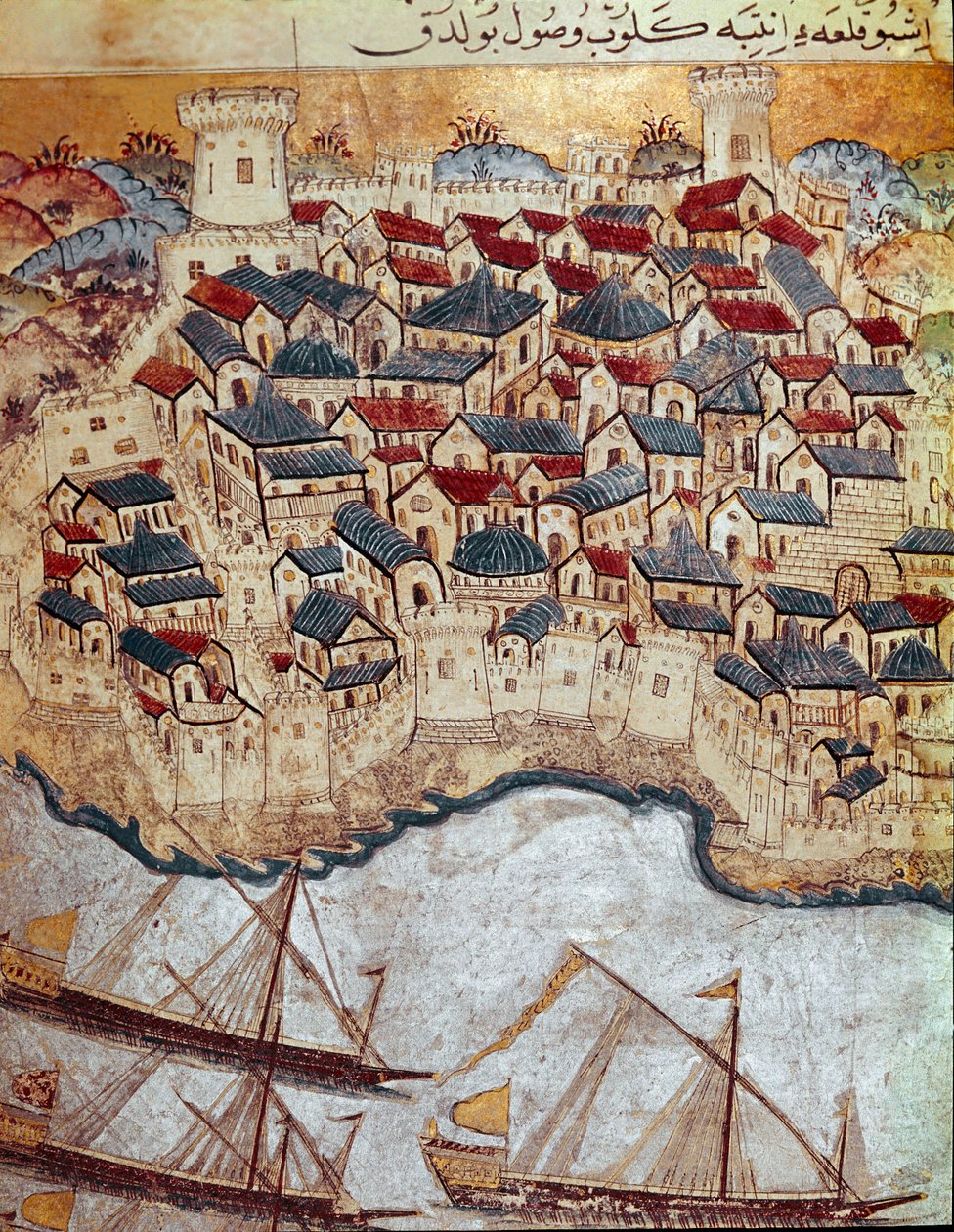 Oszmán Birodalom: egy megerősített Duna-parti város ábrázolása, amelyet Soliman (Szulejmán) hódított meg Budapesten és Bécsben (1526-1529) a csodálatos (1520-1566). 16. századi miniatűr. Topkapi Sarayi Istanbul alkotó: Ottoman School