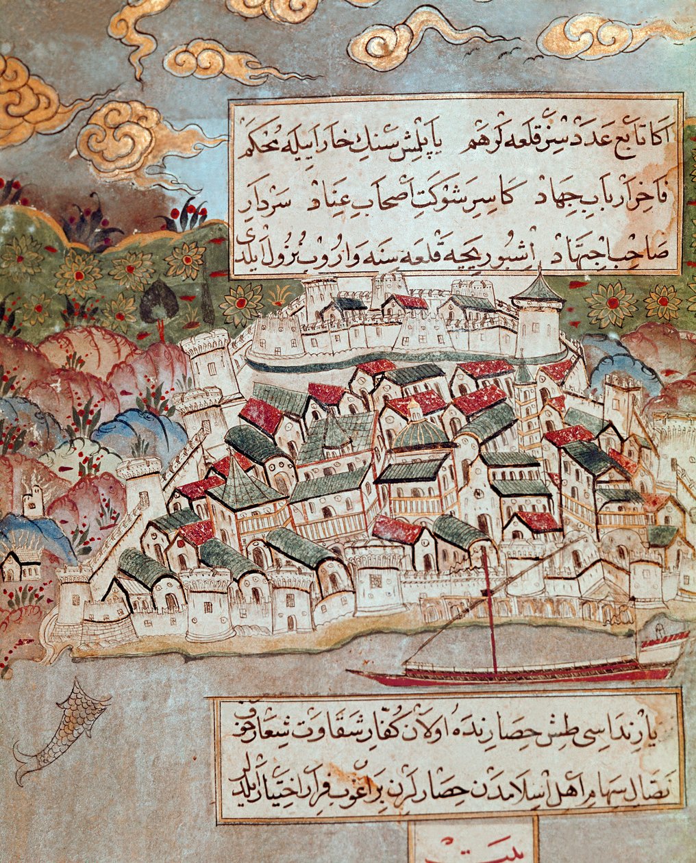 Oszmán Birodalom: egy megerősített Duna-parti város ábrázolása, amelyet Soliman (Szulejmán) hódított meg Budapesten és Bécsben (1526-1529) a csodálatos (1520-1566). 16. századi miniatűr. Topkapi Sarayi Istanbul alkotó: Ottoman School
