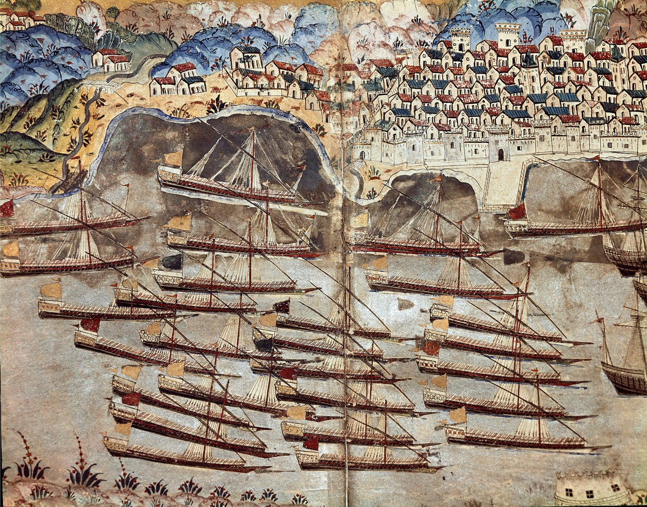 Oszmán Birodalom: a Barberossa (Khizir Khayr ad-din (Barbaros Hozor Hayreddin pasa vagy Pasa vagy Chair ad Din, Chaireddin vagy Cheireddin) (1466-1546)) flotta magánszemély, Nizza városával szemben. Miniatűr 