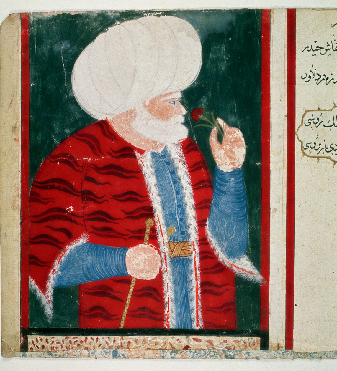 Barberose portréja (Khizir Khayr ad-din (Barbaros Hozor Hayreddin pasa vagy pasa vagy Chair ad Din, Chaireddin vagy Cheireddin) (1466-1546) Az Oszmán Birodalom főadmirálisa kalóz karrierje után Miniatűr Ms. H. kéziratból. 2134 alkotó: Ottoman School