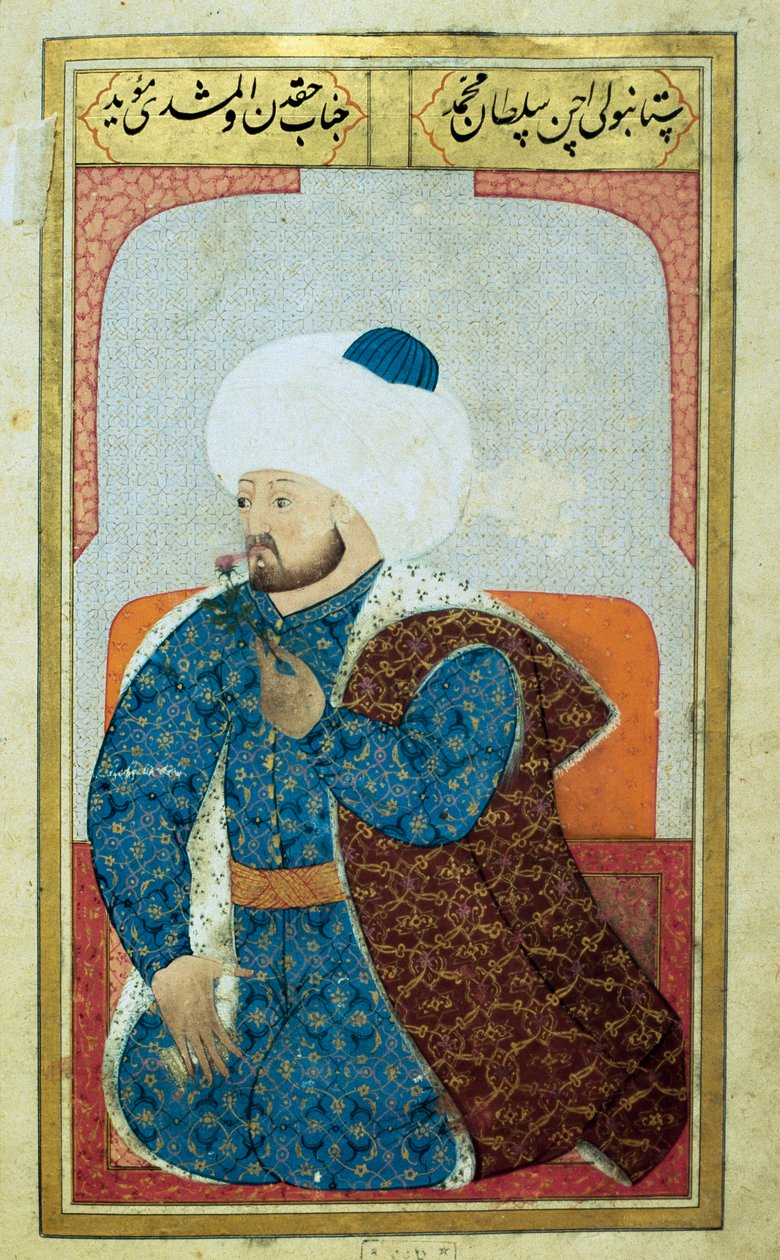 Az Oszmán Birodalom szultánjának portréja, II. Mehet (II. Mehmet, a Hódító vagy Mehmed II Fatih) (1430-1481) Miniatűr Seyyid Lokman Husszein „” Human physiognomy (Az oszmánok személyes beállítottságáról) című kéziratából. (Ms. ty6087 fólió alkotó: Ottoman School