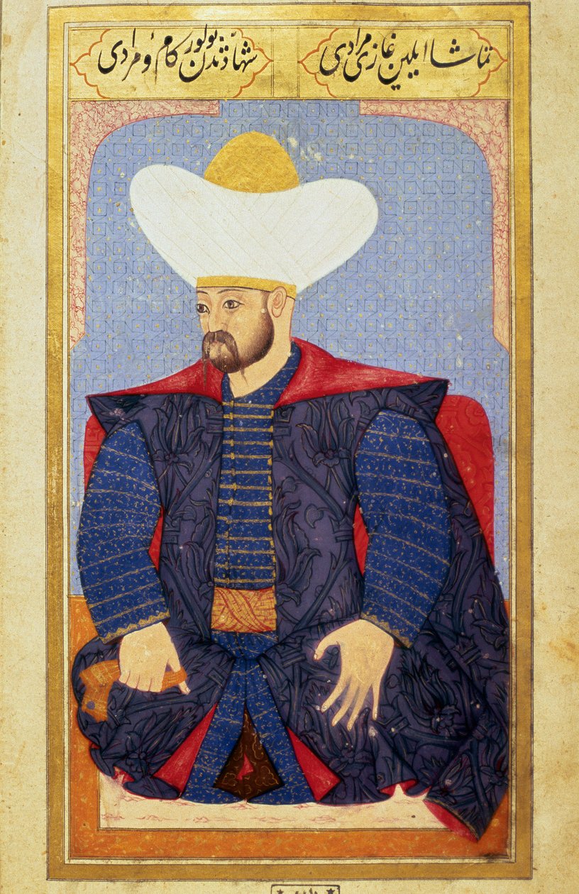 Az Oszmán Birodalom szultánjának portréja I. Murád (1326-1389) Miniatűr Seyyid Lokman Husszein „” Human physiognomy (Az oszmánok személyes berendezkedéseiről) című kéziratából. (Ms. ty6087 fólió 27b) alkotó: Ottoman School