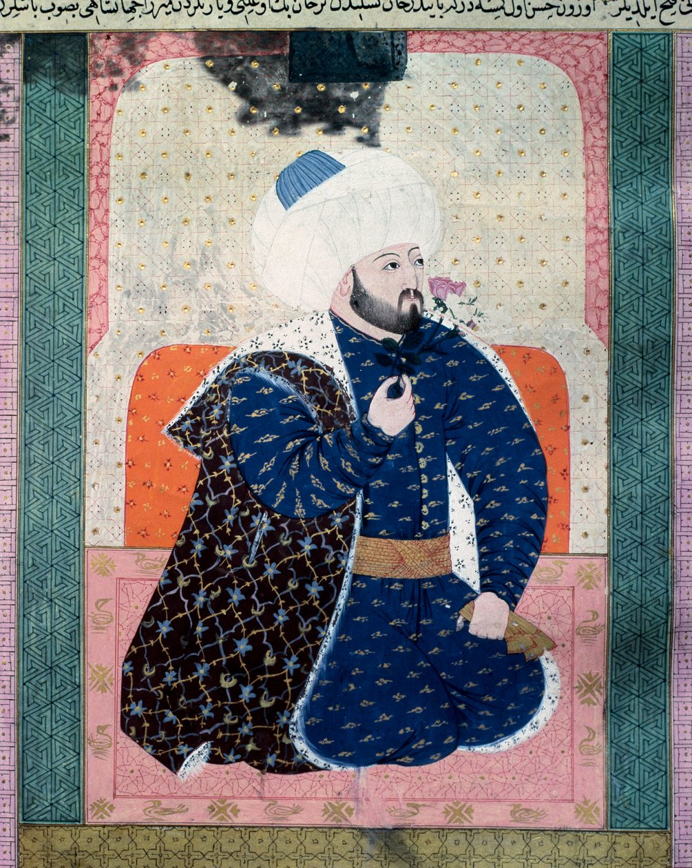 Az Oszmán Birodalom szultánjának portréja, Mehet II (Mehmet II, a Hódító vagy Mehmed II Fatih) (1430-1481) Miniatűr a kéziratból (Ms. 1973, folio 62a) „Zubdatat-al Tawarikh” (Zubdat al-Tawarikh) ( Creme of Stories) történész Seyyid Loqman As alkotó: Ottoman School