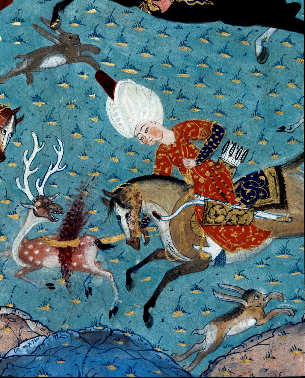 II. Murád (Murat) szultán (1404-1451) szarvasra és nyúlra vadászó udvaroncainak ábrázolása. 17. századi miniatűr. Isztambul, Topkapi Sarayi Múzeum könyvtára alkotó: Ottoman School