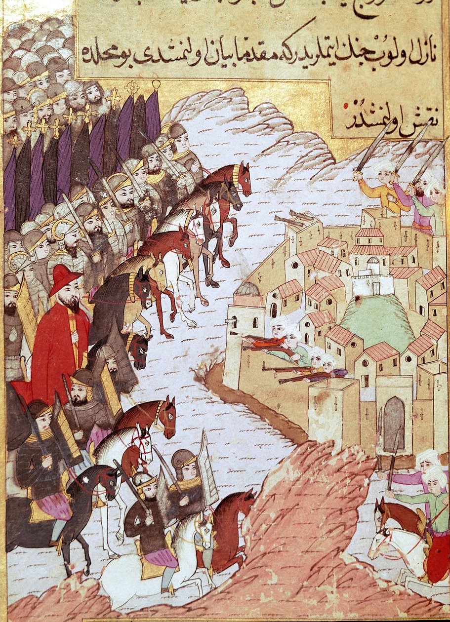 Második keresztes hadjárat (1147-1149): a keresztes hadjáratok Aleppo városa előtt Szíriában. 16. századi miniatűr. Topkapi Sarayi Istanbul alkotó: Ottoman School