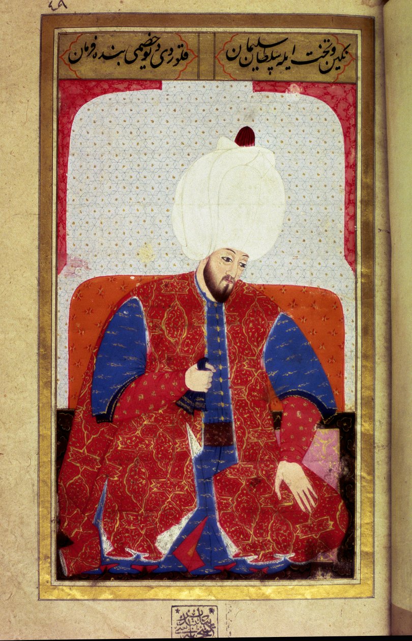 Soliman (Suleyman) I the Magnificent (1494-1566), szultán oszmán miniatűr Seyyid Lokman Hussein „” Human Physiognomy (About Personal Arrangements of Ottomans) című kéziratából. (Ms. ty6087 fólió 27b) alkotó: Ottoman School