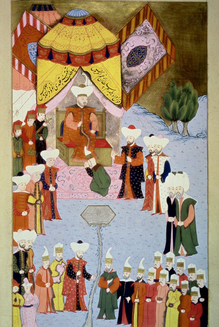 I. Bayezid (vagy Bajazet) szultán (1360-kb. 1402) rendelkezik miniatűr udvarral, Lokman „Hunername”-ből, 1. köt. 1 (H 1523, f.7) 1584 Topkapi Sarayi Múzeumi Könyvtár Isztambul alkotó: Ottoman School