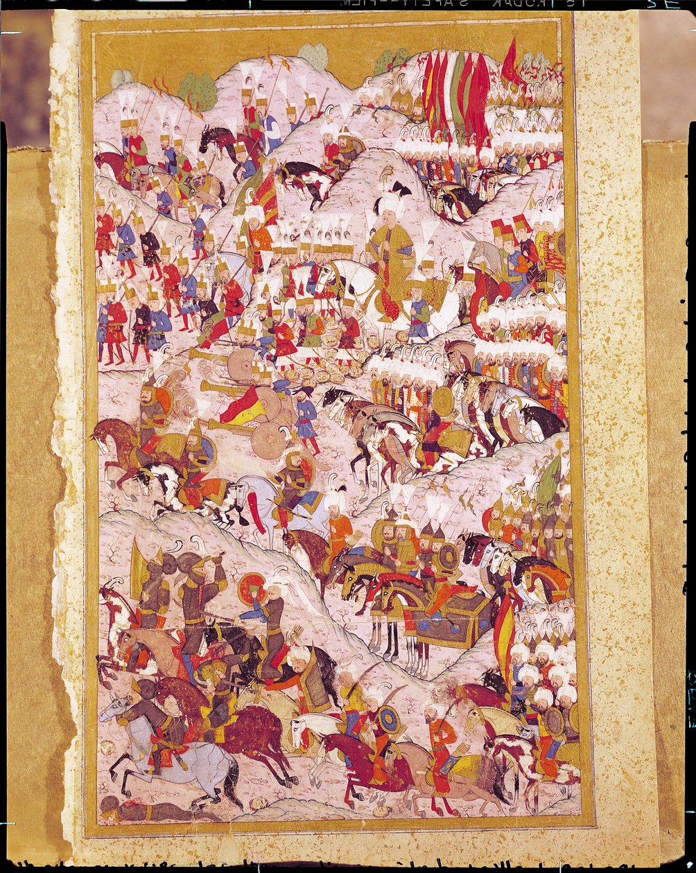 TSM H.1524 „Hunername” kézirat: Nagy Szulejmán (1494-1566) az 1526-os mohácsi csatában, Lokman „Kiválósági könyvéből” alkotó: Ottoman School
