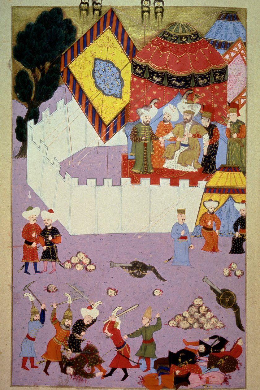 I. Murád szultán (1326-1389) meggyilkolása Milos Obilic (Kobilic vagy Kobilovic) szerb lovag által (meghalt 1389) a koszovói csatában az oszmánok szerbek felett aratott győzelmét követően Lokman „Hunername” című művéből. 1 (H 1523, f.7) 1584 To alkotó: Ottoman School