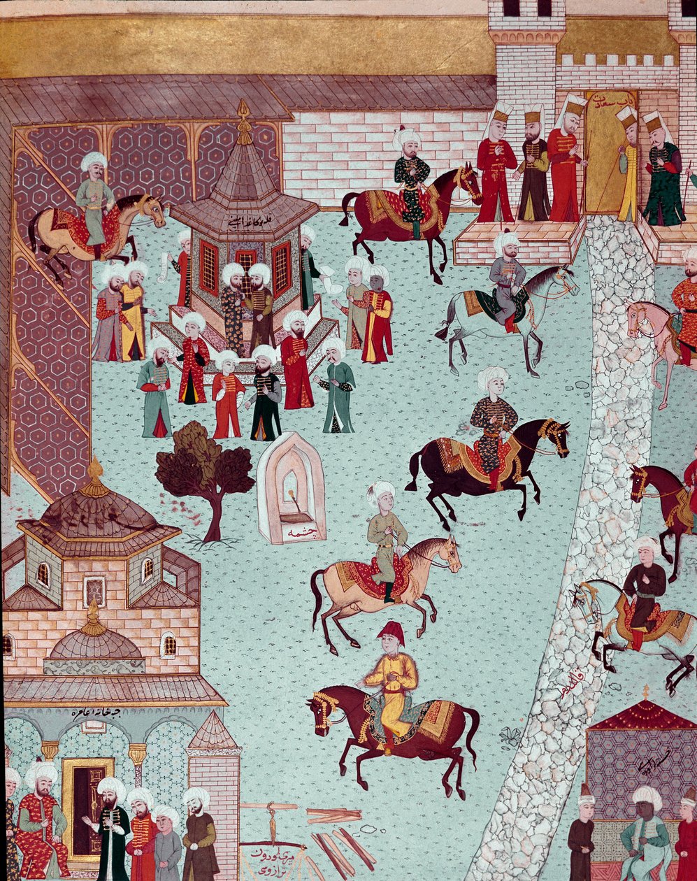 Kilátás a Szent Irén templomra (Szent Irén), a Serail kapujára és a konstantinápolyi szultáni palotára Miniatűr a 17. században. Topkapi Sarayi Istanbul alkotó: Ottoman School