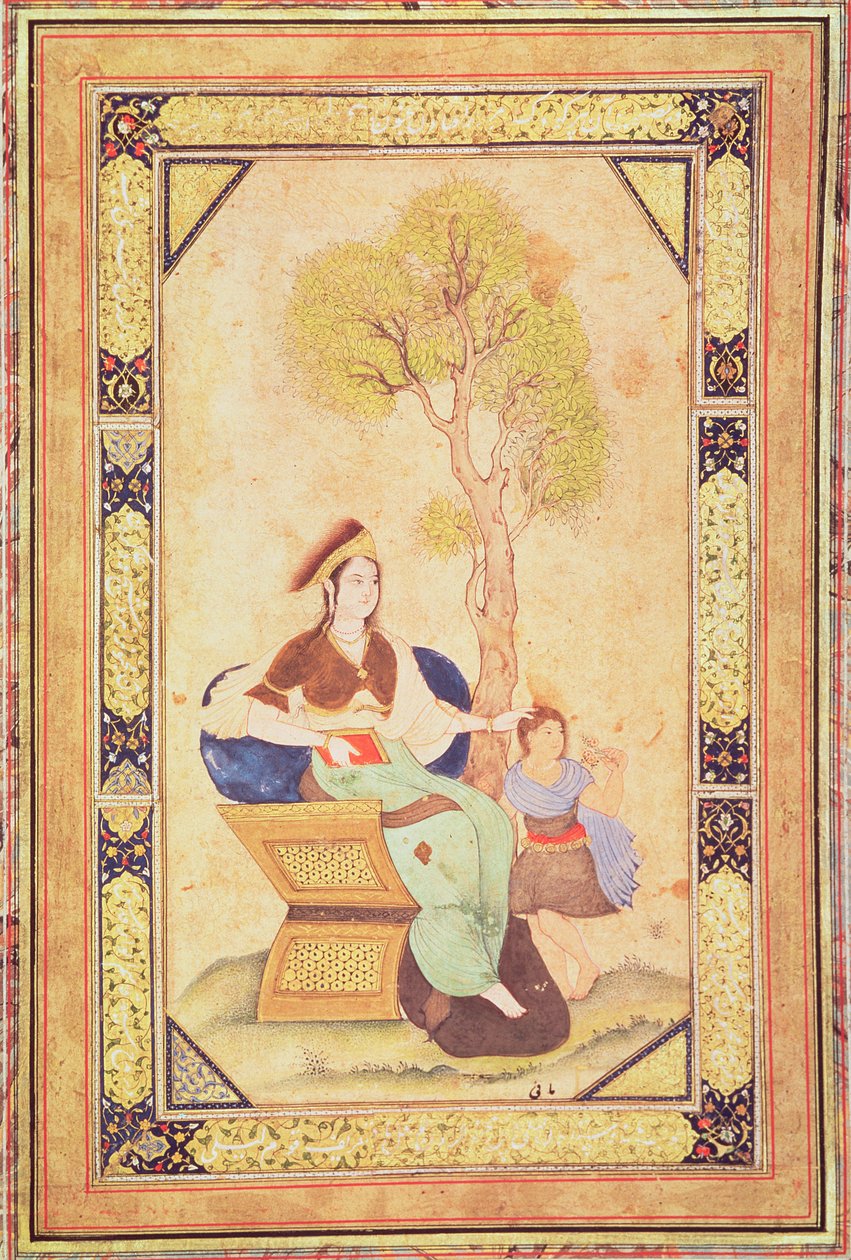 Nő ül egy fiatal lánnyal a kertben, Album de pieces calligraphie et de miniatures (miniatűr) alkotó: Ottoman School