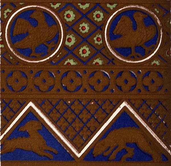 Bizánci dísz egy zománcozott koporsóból a „Les Arts du Moyen Ages”-ből, du Sommerard, VII. fejezet, XXIX. tábla a „Grammar of Ornament” 1868-ból (színes litó) alkotó: Owen Jones