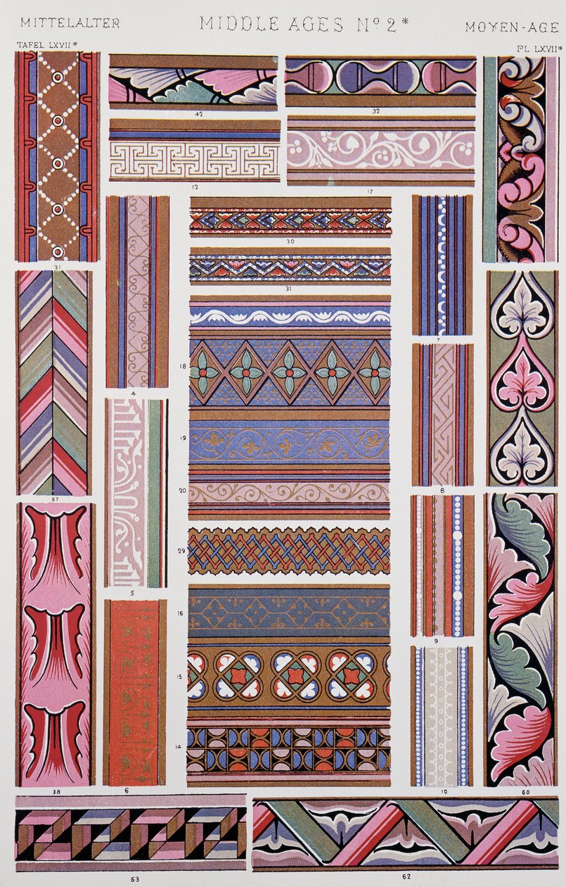 Középkori stílusú dekoráció, LXVII. tábla a Grammar of Ornamentből, Owen Jones (1809-1874), London alkotó: Owen Jones