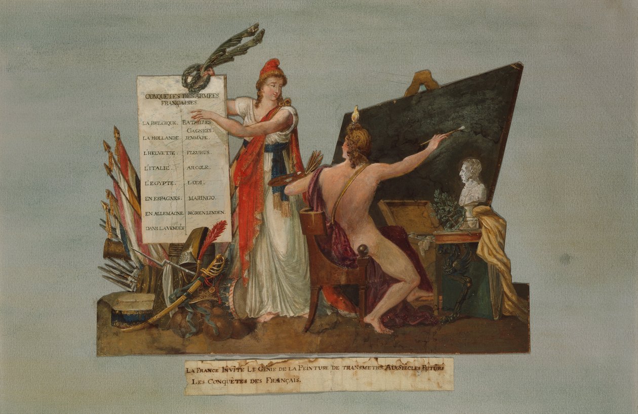 Franciaország felkéri a festészet zsenijét, hogy adja át a jövő nemzedékeinek a francia hódítások és hadseregei győzelmeinek történetét, 1800 körül (guache) alkotó: P. A. and J.B. Lesueur