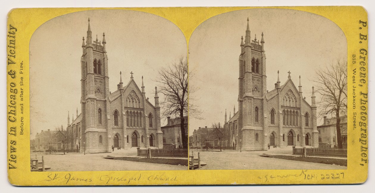 A St. James Episcopal Church sztereográfiája az 1871-es, 1871-es chicagói tűzvész előtt (bw fotó a kártyatartón) alkotó: P.B. Greene