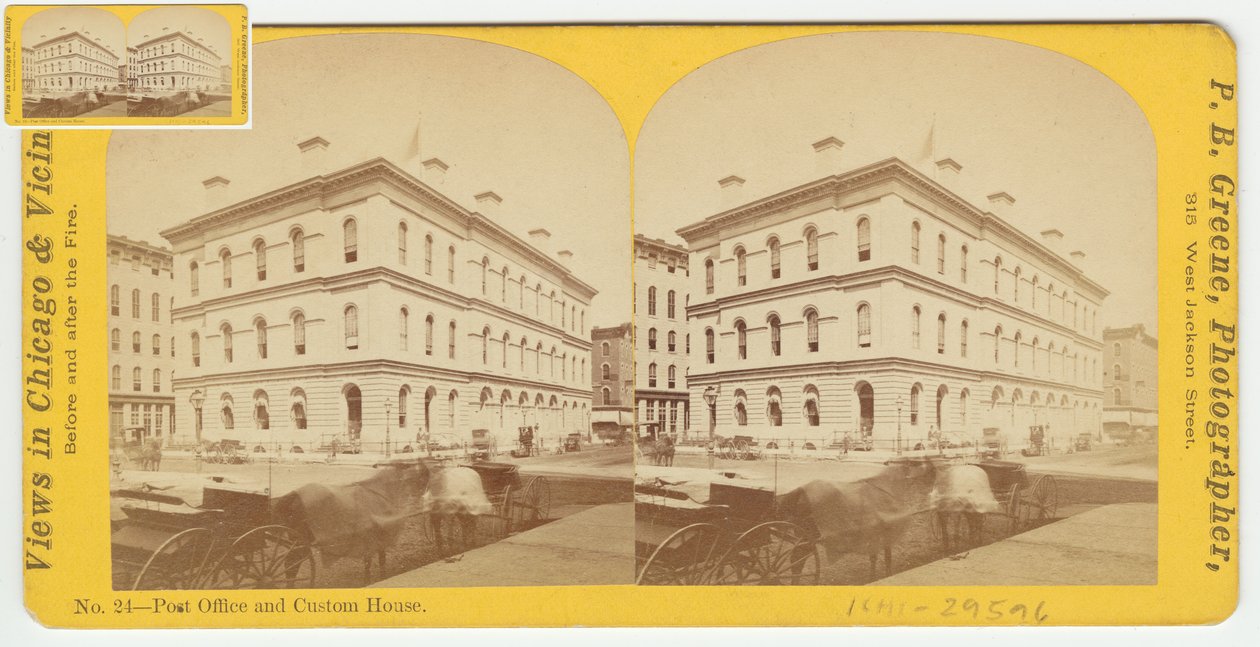 A posta és vámház sztereográfiája az 1871-es, 1871-es chicagói tűzvész előtt (bw fotó a kártyatartón) alkotó: P.B. Greene