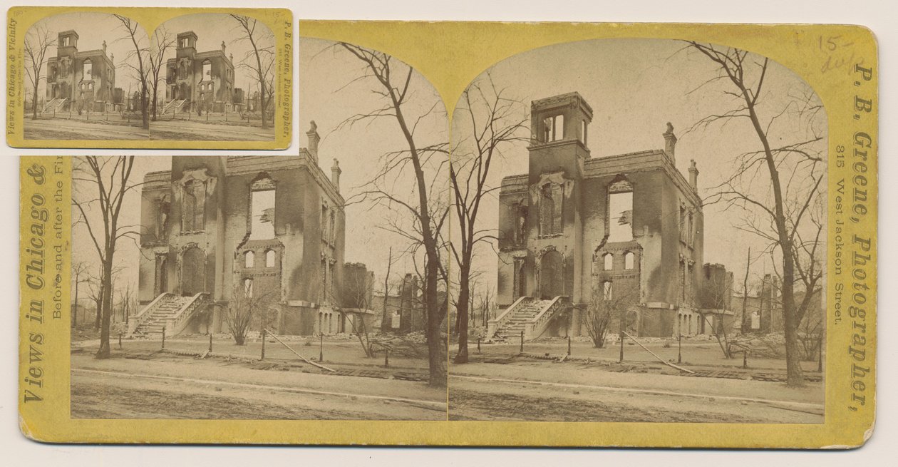 A Rumsey-ház sztereográfiája az 1871-es, 1871-es chicagói tűz után (bw fotó a kártyatartón) alkotó: P.B. Greene