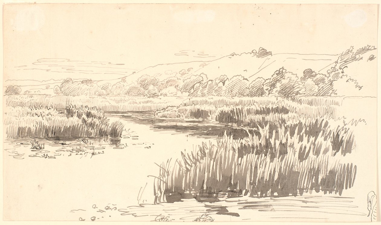 Táj egy patakkal, melynek szélességében magas nádas nő. Háttérben dombok. Valószínűleg Vejle alkotó: P.C. Skovgaard