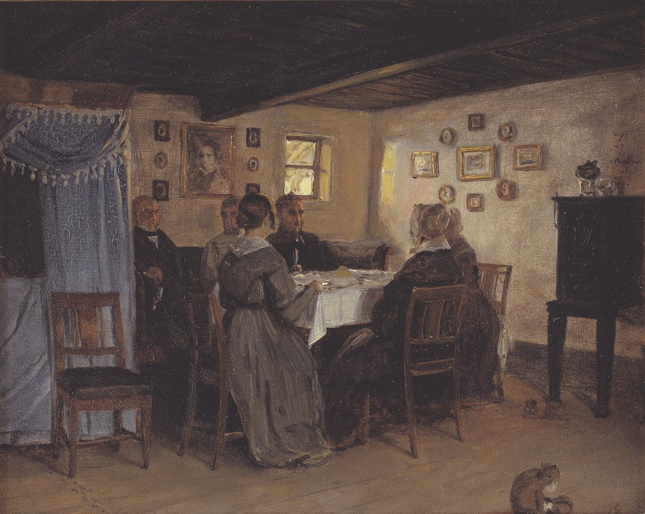 A művész barátai és családja egy asztal körül ül. Vejby, Észak-Zéland alkotó: P.C. Skovgaard