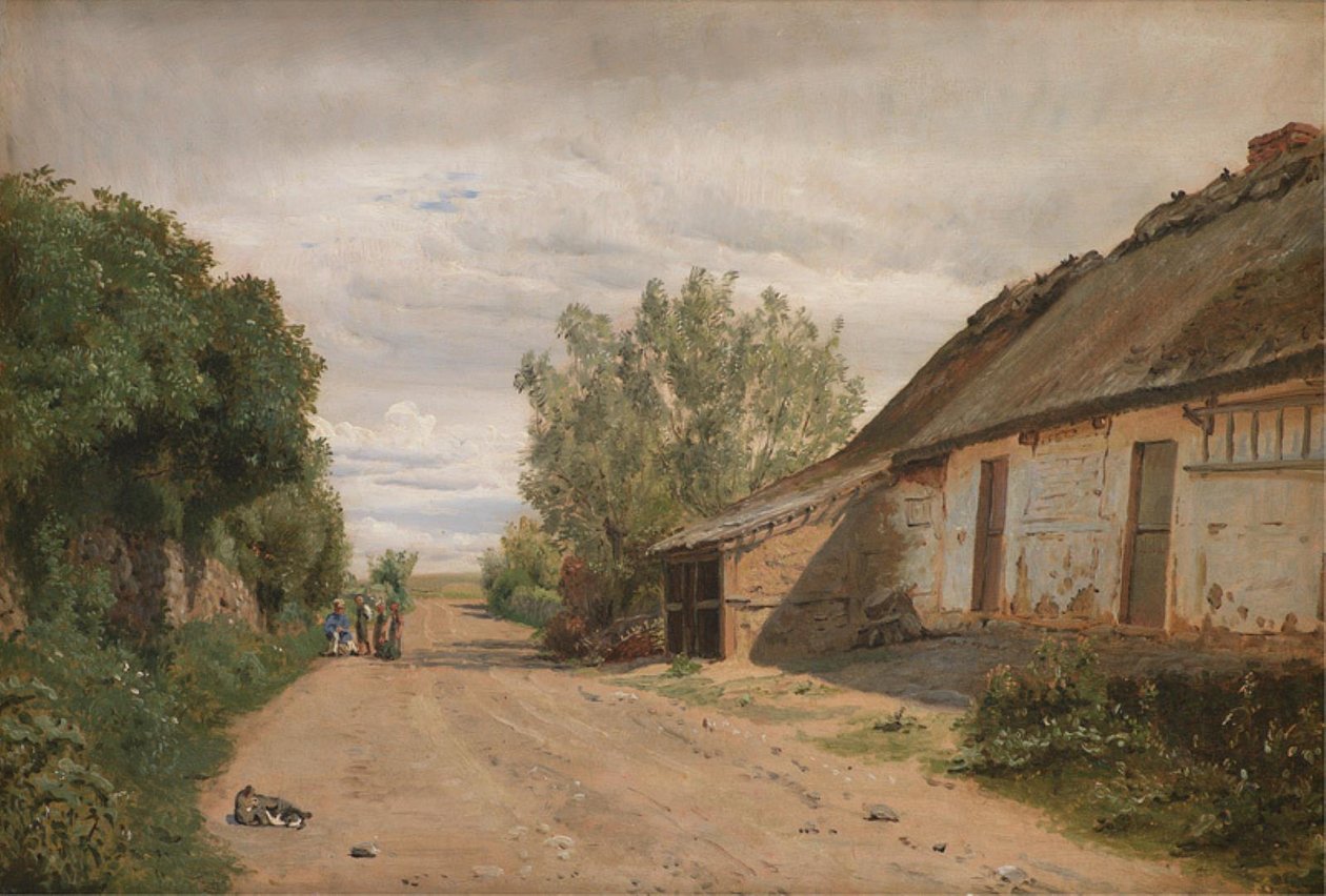 Vejby község külterülete. Az út mellett a festő J.Th. Lundbye vázlatkészítés alkotó: P.C. Skovgaard