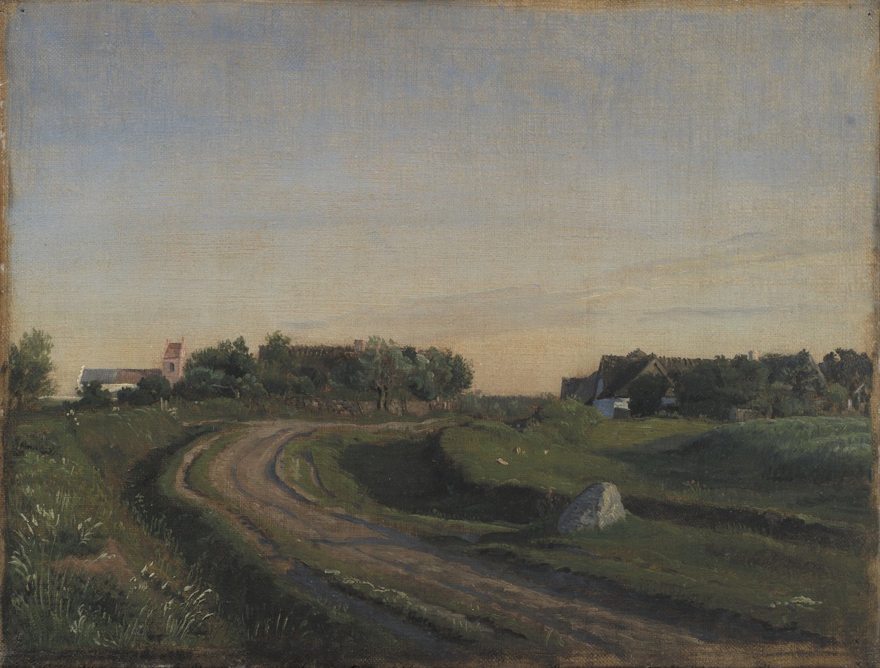 Vejby a templommal északról nézve. Esti fény. Zéland alkotó: P.C. Skovgaard