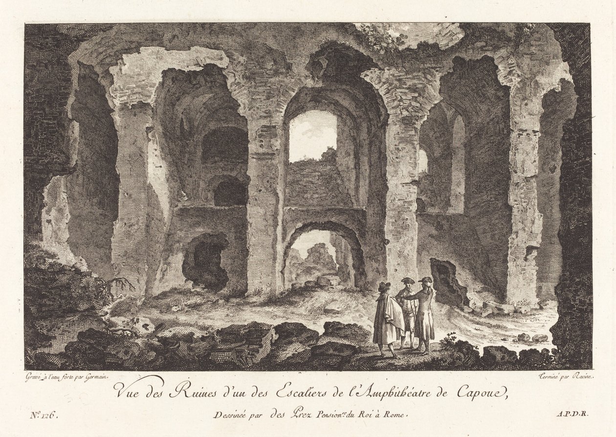 Kilátás a romokra a Capua Amfiteátrum egyik lépcsőjéről alkotó: P.F. Germain after Louis Jean Desprez