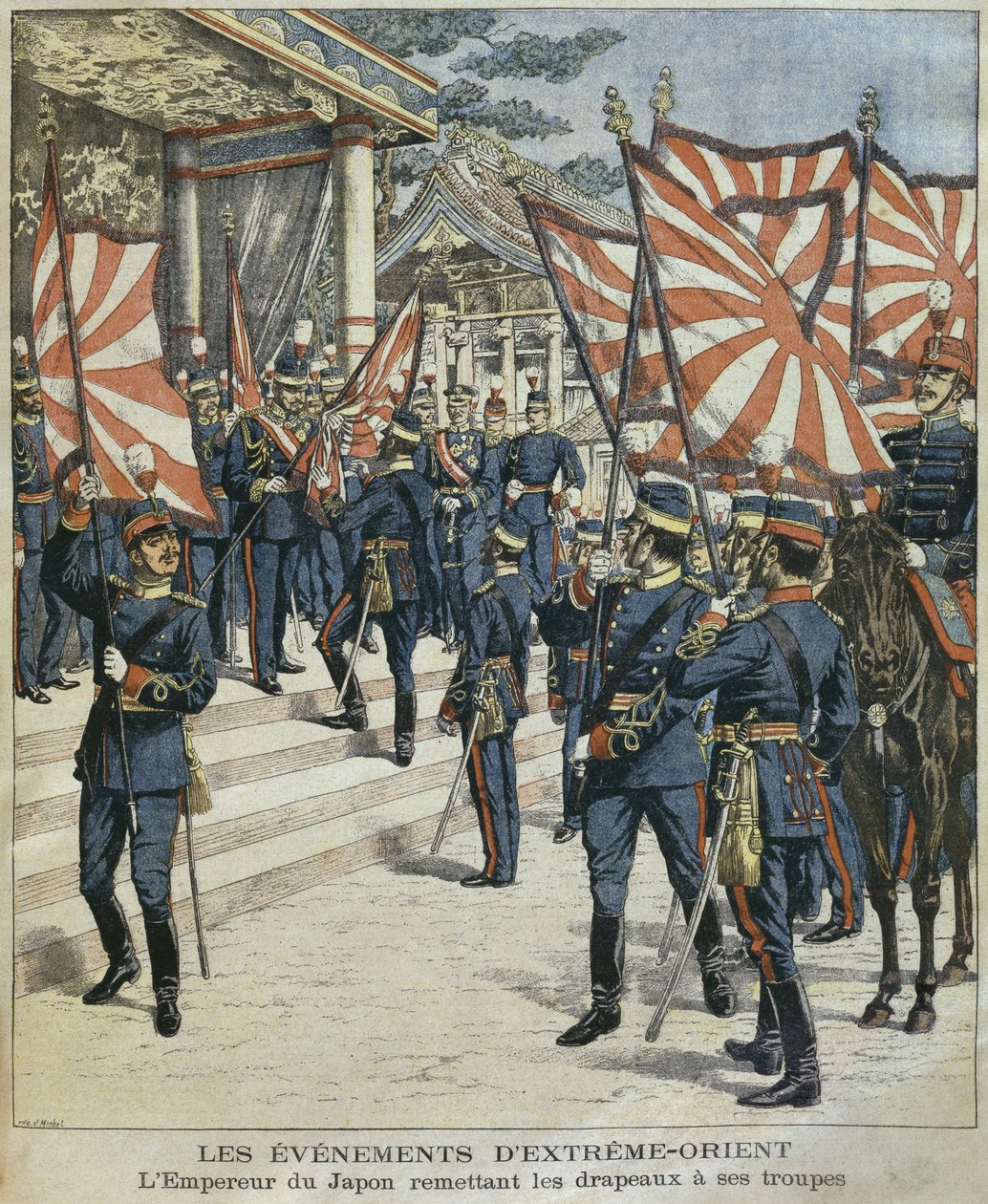 Ő Császári Felsége, Mutsuhito, Japán császára, zászlókat adva csapatainak, illusztráció a „Le Petit Journal: Supplement illustre” című folyóiratból, 1904. március 6. alkotó: P.H.G.V. Michel